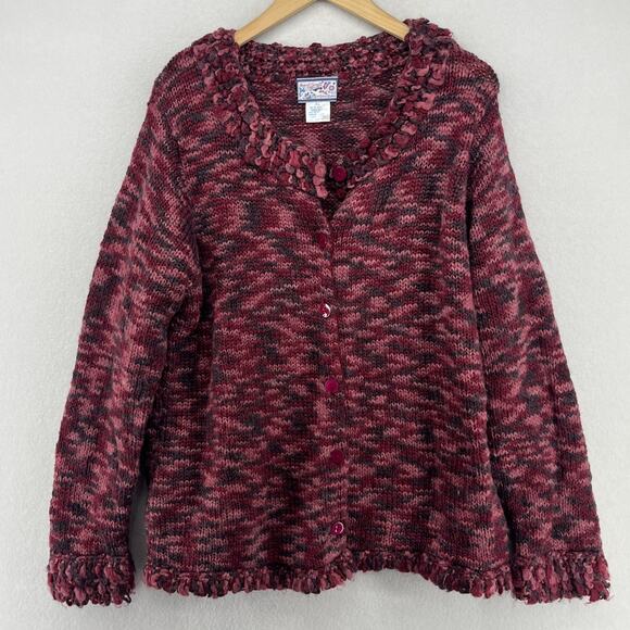 April Cornell Sweaters - APRIL CORNELL Sweater XL Wool Blend Marled Button Up Cardigan Chunky Fringe Red